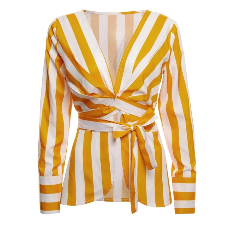 Для женщин в полоску с длинными рукавами camisetas mujer verano 2018 поясом Сексуальная V шеи
