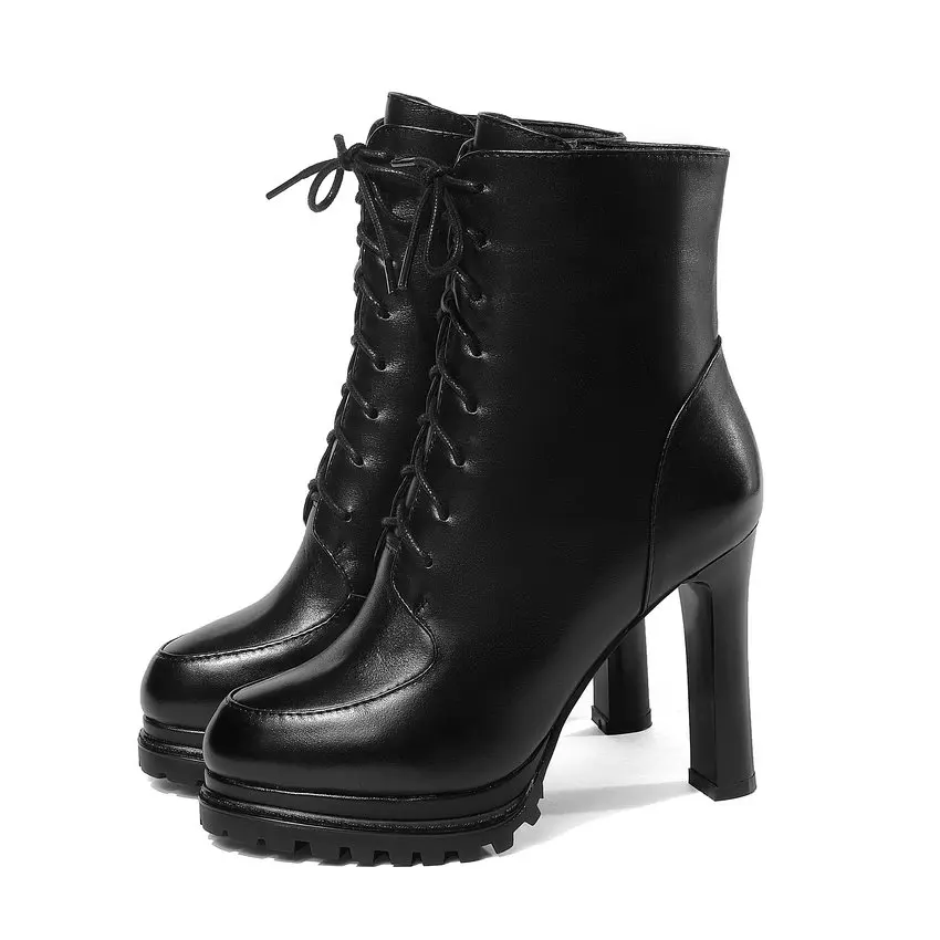 Черный QUTAA Square Heel Warm Fur Autumn Winter Women Shoes Genuine Leather Lace Up Zipper Fashion Platform Ankle Boots Size 34-39 - Цвет: Черный