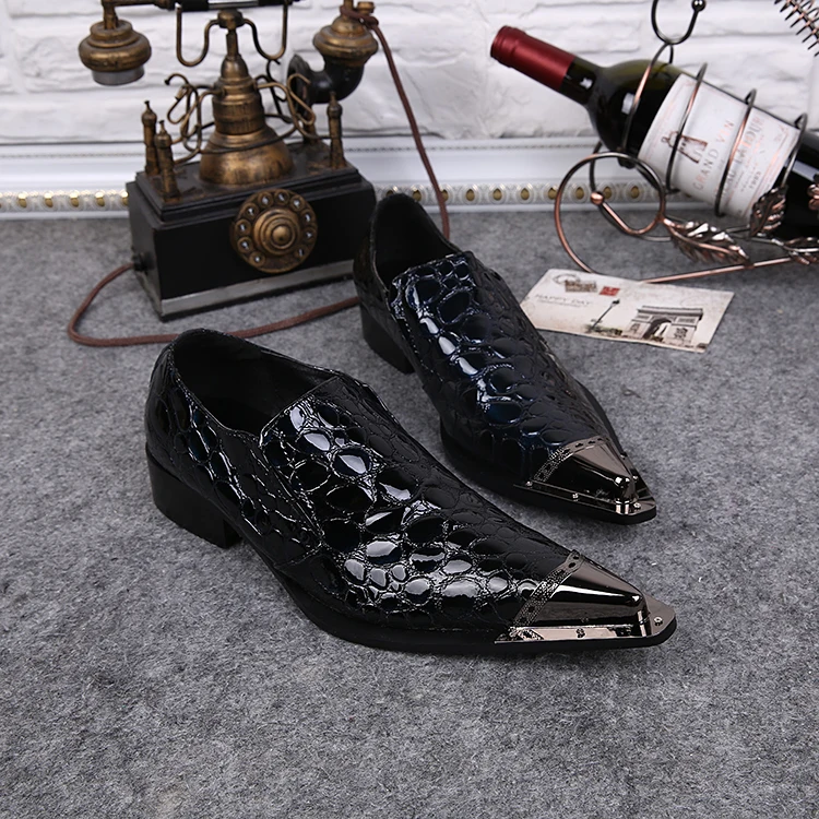 Western Style Pointed Metal Toe Men Dress Shoes Slip On Oxford For Snakeskin Pattern Zapatos Hombre Flat Chaussures | Обувь