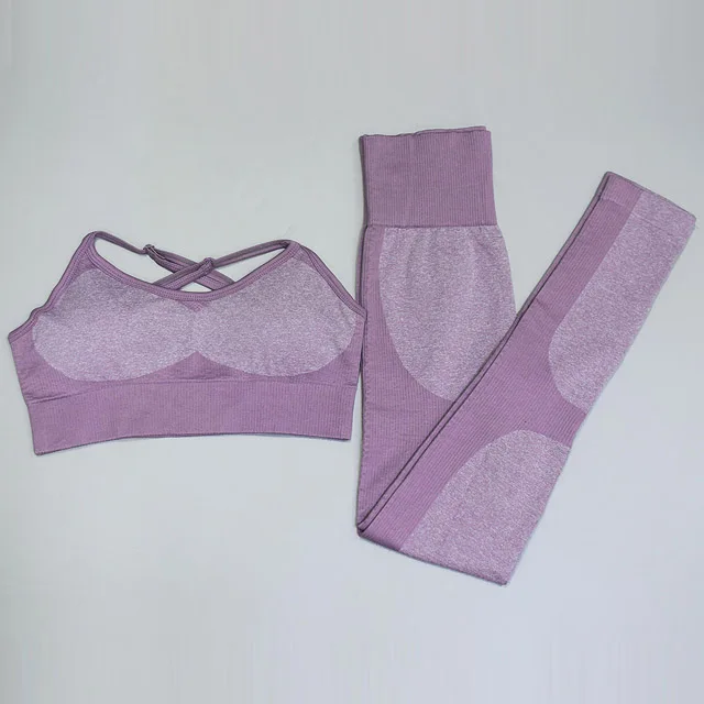 Purple 2Pcs set 2 шт./компл., бесшовный комплект для йоги, женский спортивный бюстгальтер для фитнеса, топы+ с высокой талией, из лоскутов, леггинсы для тренировок, спортивные штаны, спортивный костюм - Цвет: Purple 2Pcs set