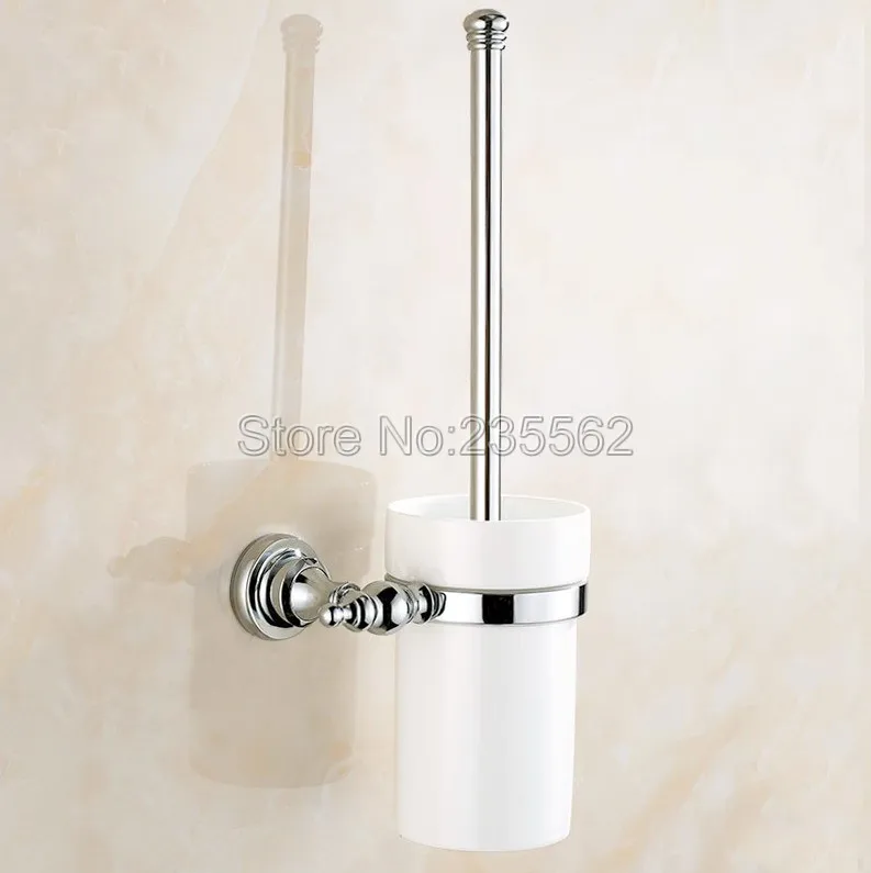

Polished Chrome Wall Mounted Bathroom Ceramic Cup and Brass Toilet Brush Holder Lba906