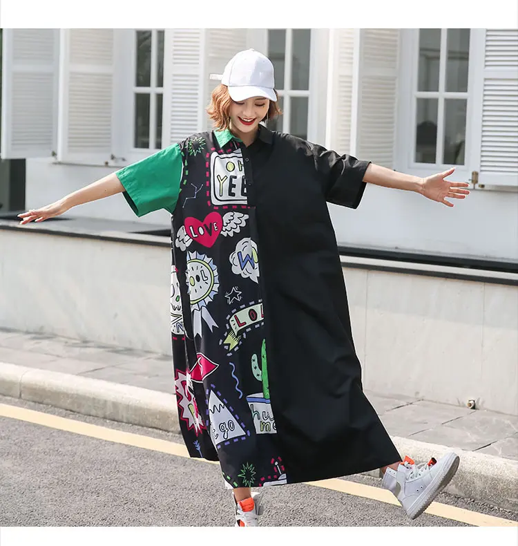 XITAO Plus Size Street Midi Dress Women Korea Fashion Turn Down Collar Patchwork Print Pattern Cardigans New WBB4449