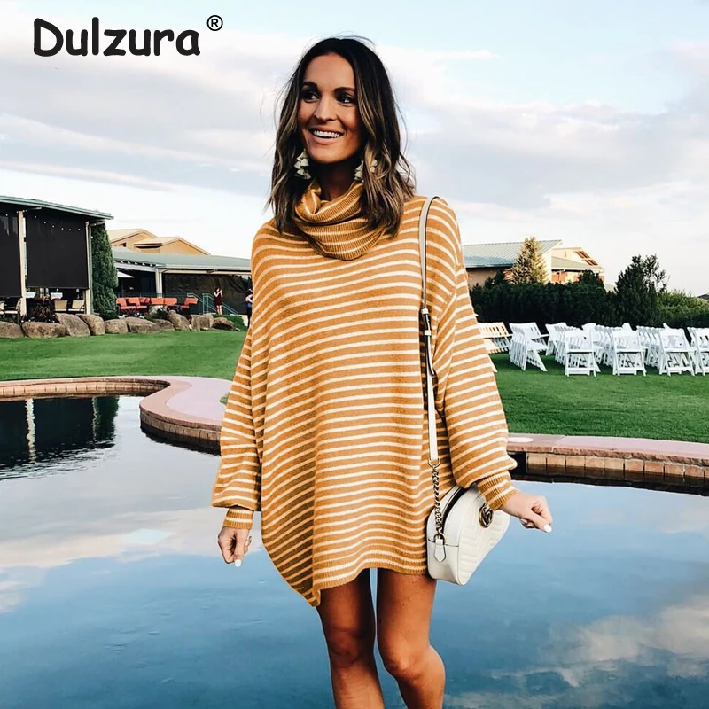 Yellow Striped Oversized Long Sweaters Dress Women 2018 Autumn Winter Knitwear Casual Soft Pullovers Thicken Warm Jumpers Femme | Женская