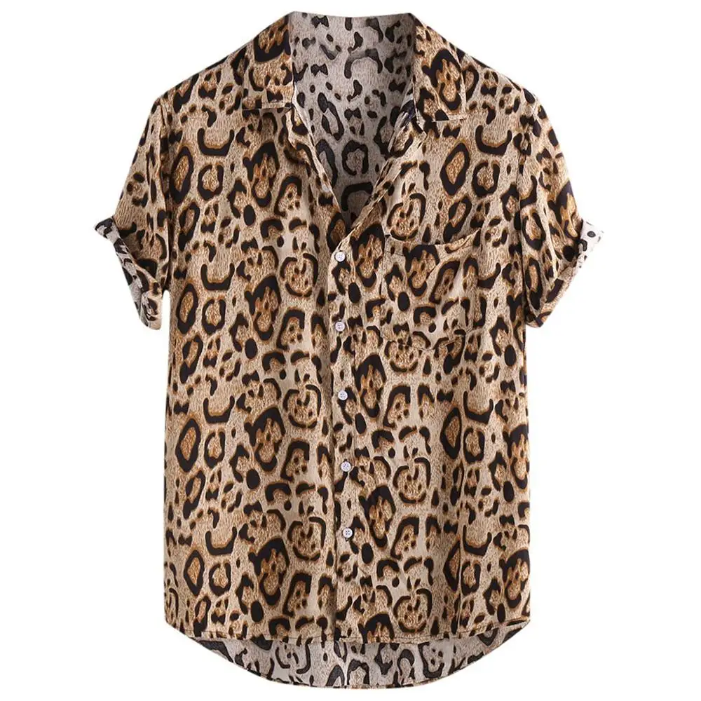 

Men's Shirt Leopard Printed Chest Pocket Turn Down Collar Short Sleeve Loose Sexy Streetwear Shirt chemise homme hawaiian shirt