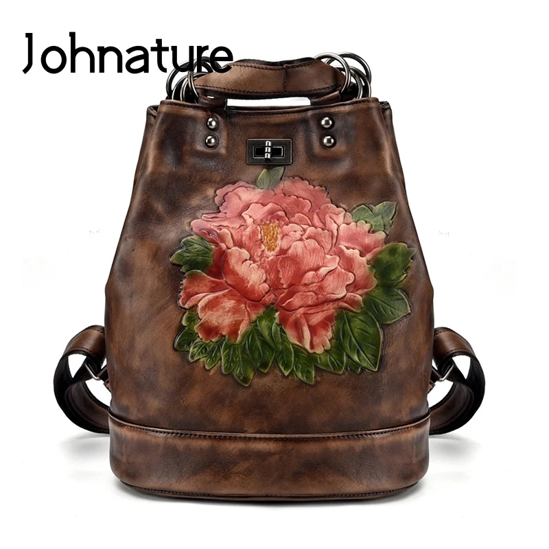 Женский винтажный рюкзак Johnature большой кожаный для отдыха с цветочным принтом и