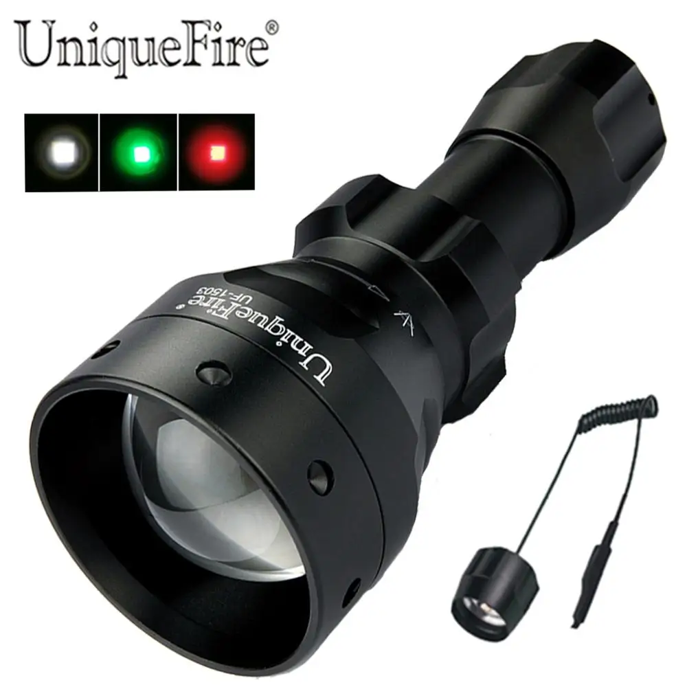 

UniqueFire 1503 XRE T50 Tactical Flashlight 3 Mode Green/Red/White Light Convex Lens 50mm Lamp Torch with Remote Pressure Switch