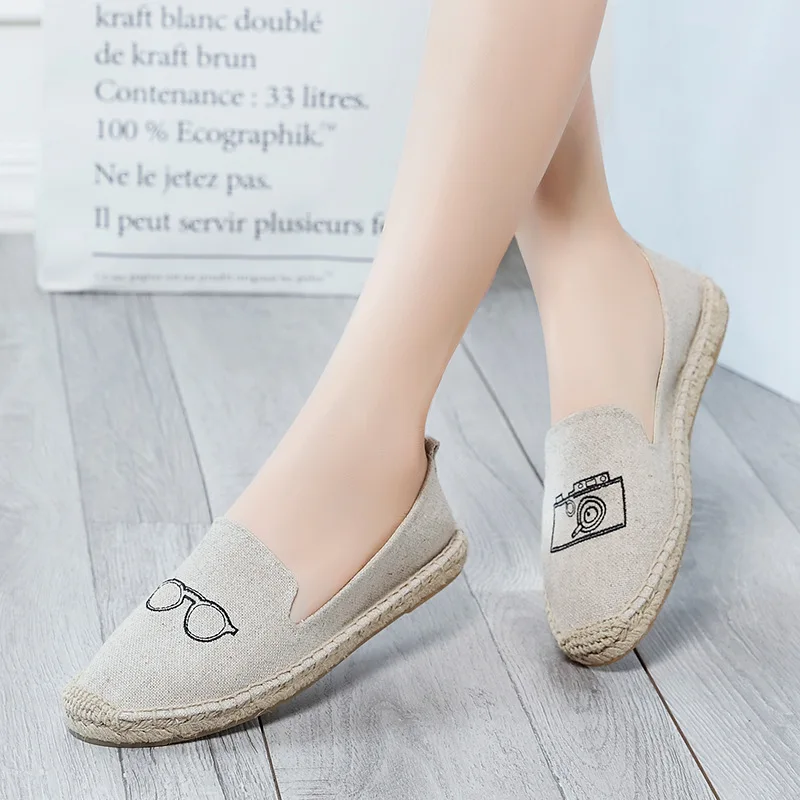 

OUDINIAO Cute Slip On Flat Shoes Woman Espadrilles Canvas Sneakers For Women Hemp Wrap Loafers Women Shoes Solid Ladies Shoes
