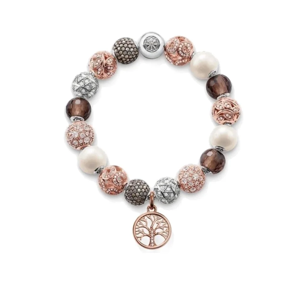 

Freshwater Pearls & Zirconia Karma Beads Bracelets with Rose Gold-color Tree Pendant , 2018 DIY Bracelet Jewelry Gift For Women
