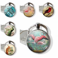 fashion red charm flamingo garden glass dome cabochon pendant keychain snowy bejeweled animal keyring silvery bird accessories