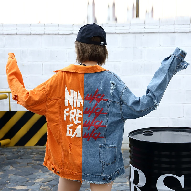 

Hip Hop Girls 2018 Spring Autumn New Long Sleeve Blue Orange Patchwork Ripped Denim Jacket Washed Jeans Stylish Coat
