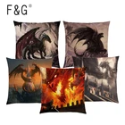 Наволочка с рисунком дракона, разрушения могучих воинов, войны, огня, неба, замка, руин, волшебный меч, рыцарь, наволочка из льна и хлопка для дивана