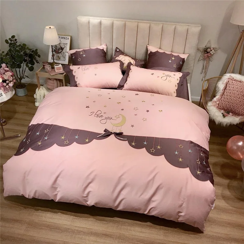 

Luxury Egypt Cotton moon and stars Bedding Set Embroidery bowknot Duvet Cover Bed Sheet Pillowcases Queen King Size 4/6/7Pcs