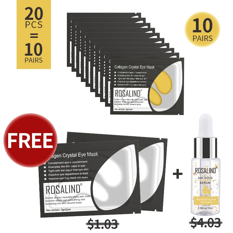 20PCS Gold Essence Розалинд, маска на глаза, золото коллаген 5/10 пар в комплекте, подушечки для глаз против крем омолаживающий крем от морщин от мешков под Сыворотка для глаз средство по уходу за акне - Цвет: 20PCS Gold Essence