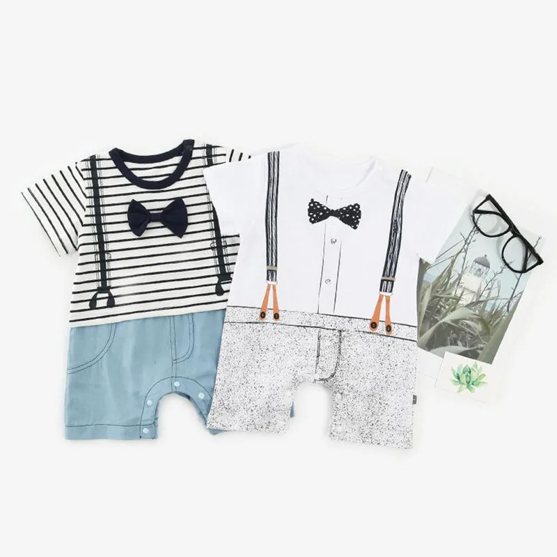 

DFXD 2018 Summer Baby Boy Jumpsuit New Fashion Short Sleeve Stitching Gentleman Bowknot Baby Romper Infant Boy One Piece Suit