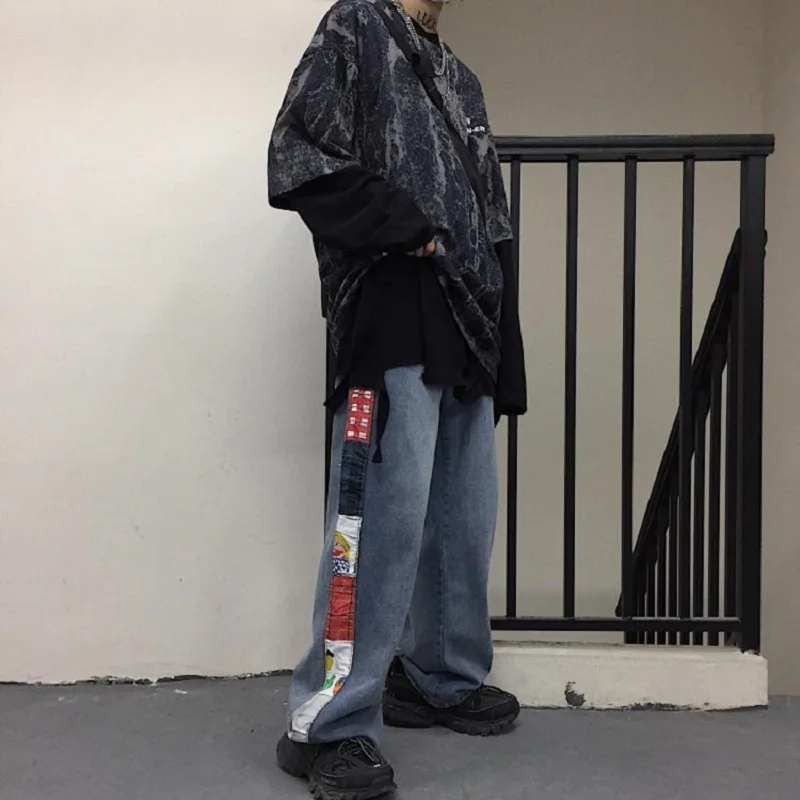 blue Летние новые корейские ulzzang модные ретро ностальгические Лоскутные повседневные Прямые джинсы с широкими штанинами в стиле Харадзюку - Цвет: blue