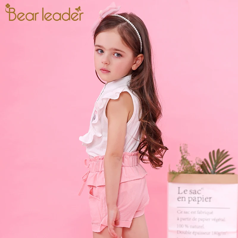 Bear Leader/комплекты для девочек г. Новая детская одежда рубашка без рукавов+ белые штаны Одежда для маленьких девочек из 2 предметов модные костюмы для девочек