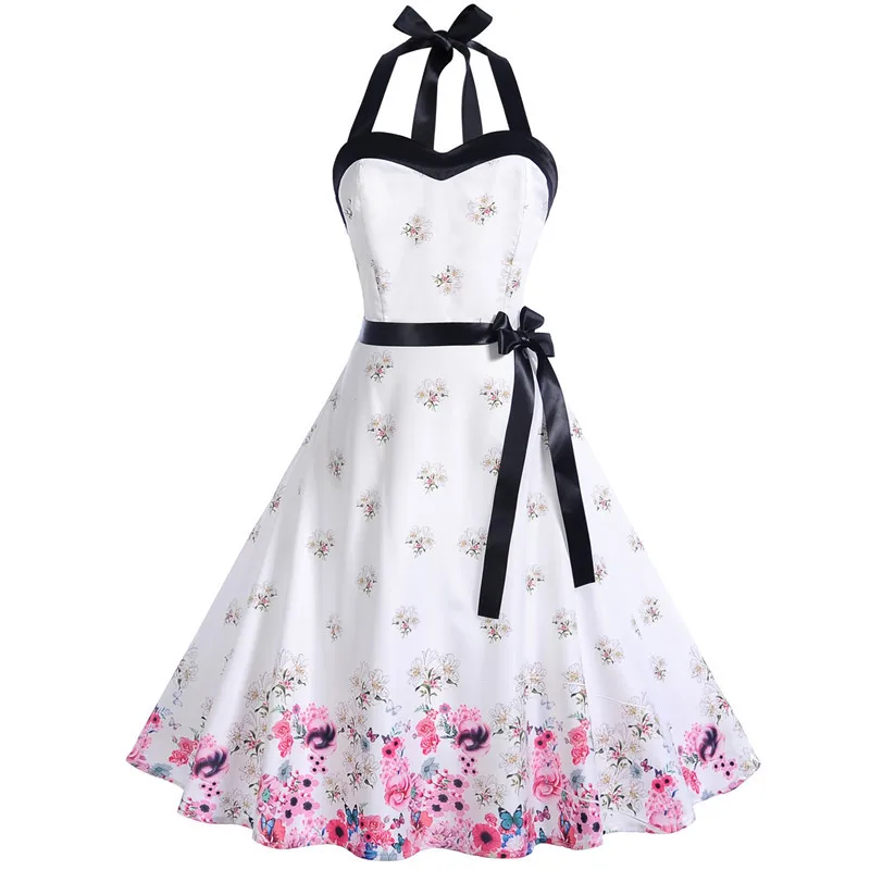 Robe Femme летнее платье модное винтажное платье с цветочным принтом и лямкой на шее 50s 60s ретро женские вечерние платья в стиле рокабилли Сарафан