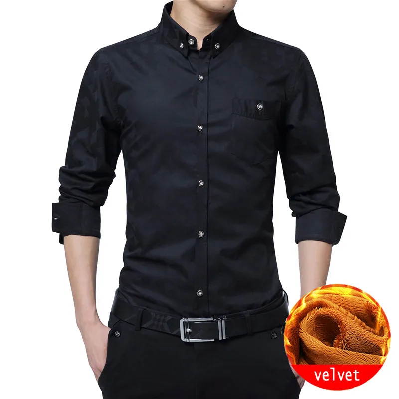 BROWON Winter Mens Dress Shirts Warm Thick Fabric Velvet Shirt Men Turn-down Collar Korean Style Slim Fit Clothes Plus Size | Мужская
