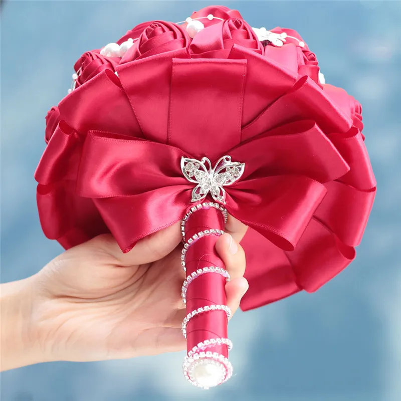 

2018 Bridal Bouquet Wedding Wine Red Rhinestone Pearl Artificial Rose Ribbon Perfect Wedding Church Party Supplies W252-17