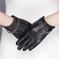 gours womens genuine leather gloves winter warm sheepskin touch screen gloves black fashion chain mittens new arrival gsl074