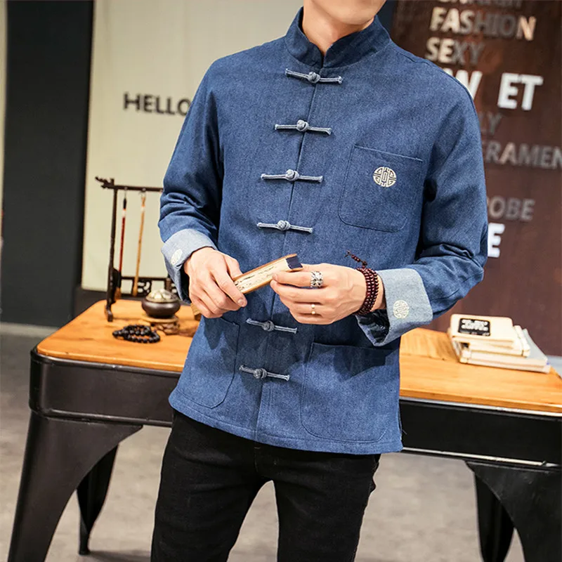 Мужская джинсовая куртка в китайском стиле повседневная ковбойская с вышивкой