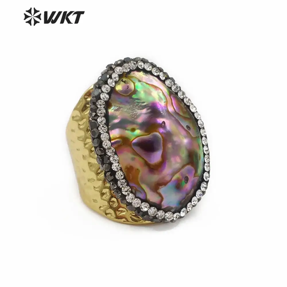 WT-RR030 Abalone Shell Ring with Rhinestone Pave Beautiful Rainbow Color Natural Sea Adjustable For Women | Украшения и