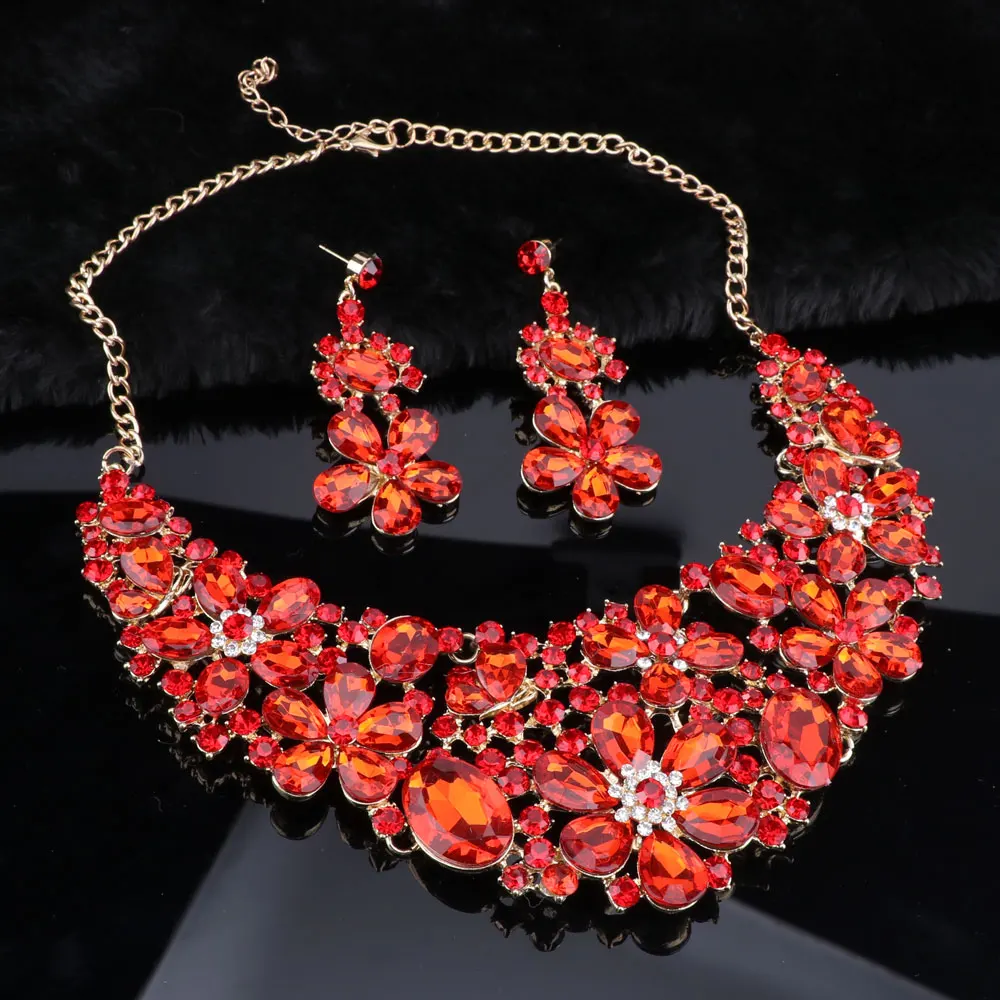 OEOEOS Gold Color Luxury Crystal Bridal Jewelry Sets Flower Shaped Rhinestone Necklace Earrings Prom Wedding | Украшения и