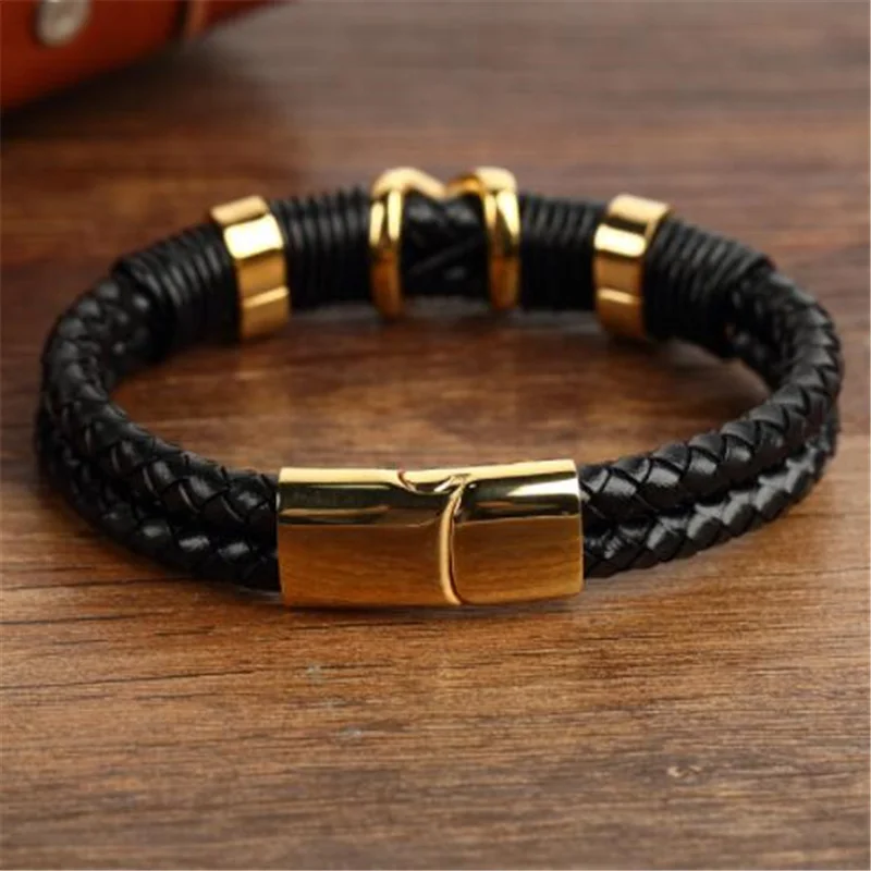 Модный мужской браслет панк черный плетеный двойной кожаный Pulseira золотой