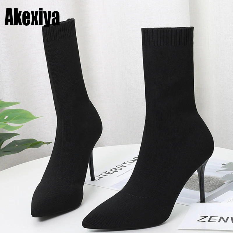 Женские ботинки эластичные ботильоны с острым носком обувь на толстом среднем