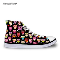 twoheartsgirl leisure cartoon owl kitty cat pattern canvas shoes high top flats women vulcanize shoes casual lace up animal shoe