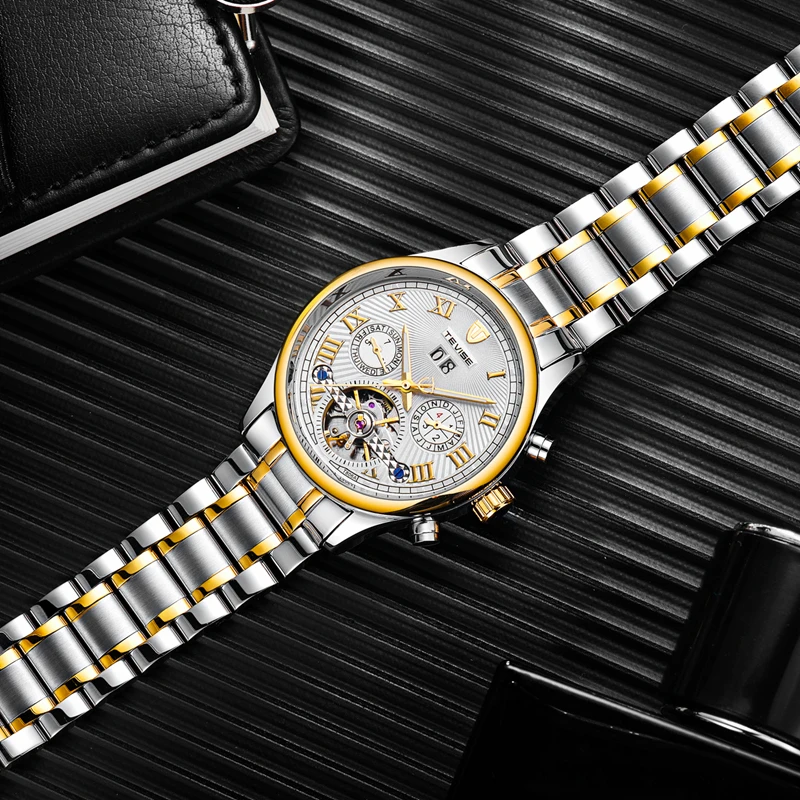 TEVISE Tourbillon автоматические наручные часы с скелетом мужские автоматическим датой