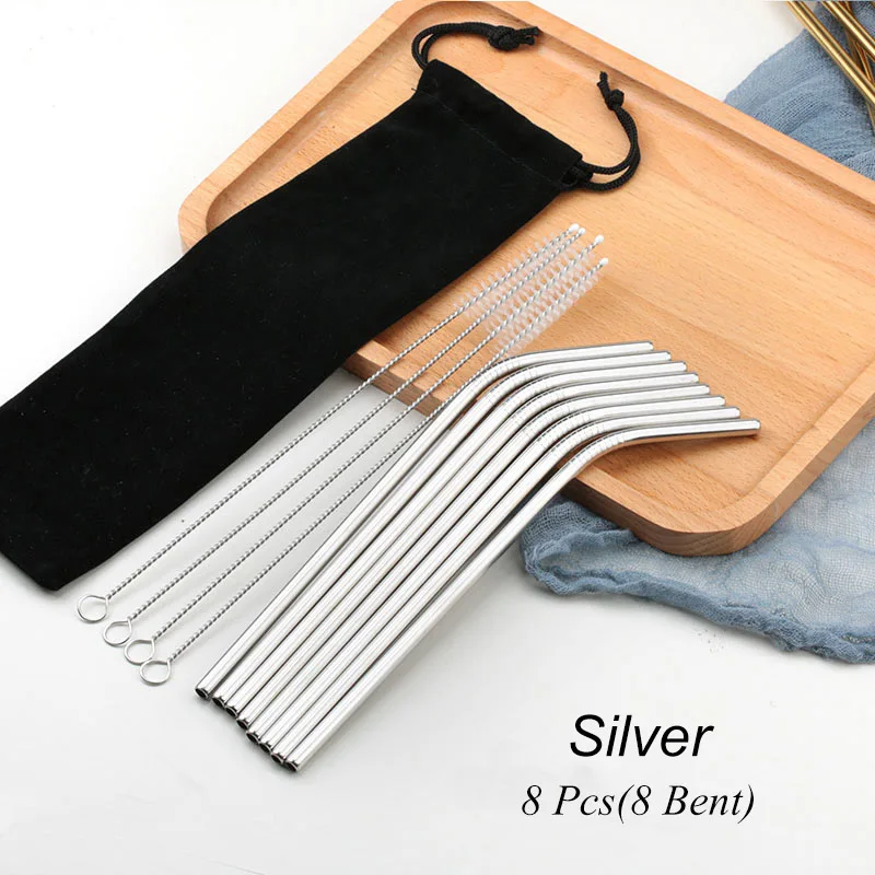 02 Bend Silver 8 шт многоразовые соломинки из нержавеющей стали для питья Металлические Прямые изогнутые соломинки из нержавеющей стали с чистящей щеткой вечерние аксессуары для бара - Цвет: 02 Bend Silver