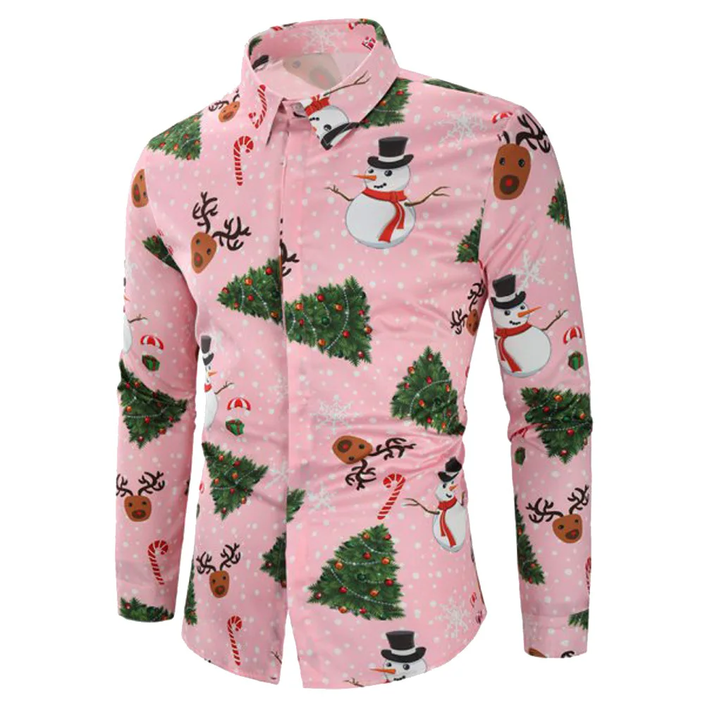 2018 Christmas Shirts Men Long Sleeve Turn-down Shirt Casual Slim Fit Print | Мужская одежда