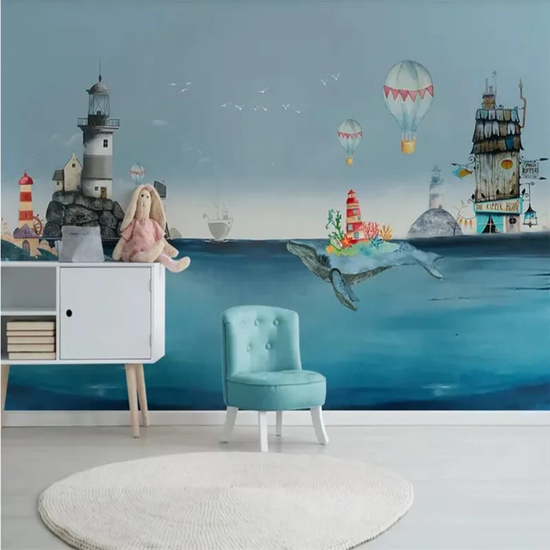 

Custom wallpaper Nordic watercolor Mediterranean ocean whale children's room wall decoration - high-grade waterproof material