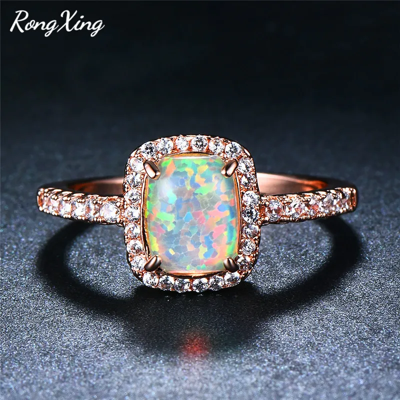 RongXing Blue/Green/White Fire Opal Square Rings For Women Rose Gold Filled Rainbow Stone Zircon Birthstone Ring Jewelry RR0090 | Украшения