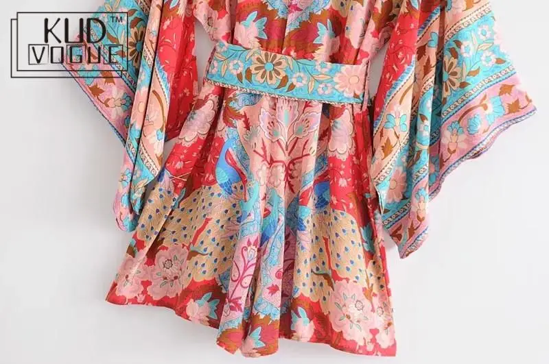 Boho красный цветочный принт рукав летучая мышь женское кимоно сексуальный