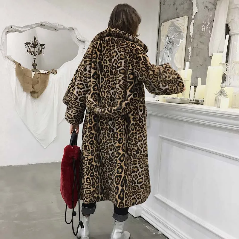 Chic X Long Leopard Faux Fur Coat Jacket Winter Fashion New Pocket Outerwear Thick Warm Cozy Faux Mink Fur Overcoat Female - Цвет: black leopard coat