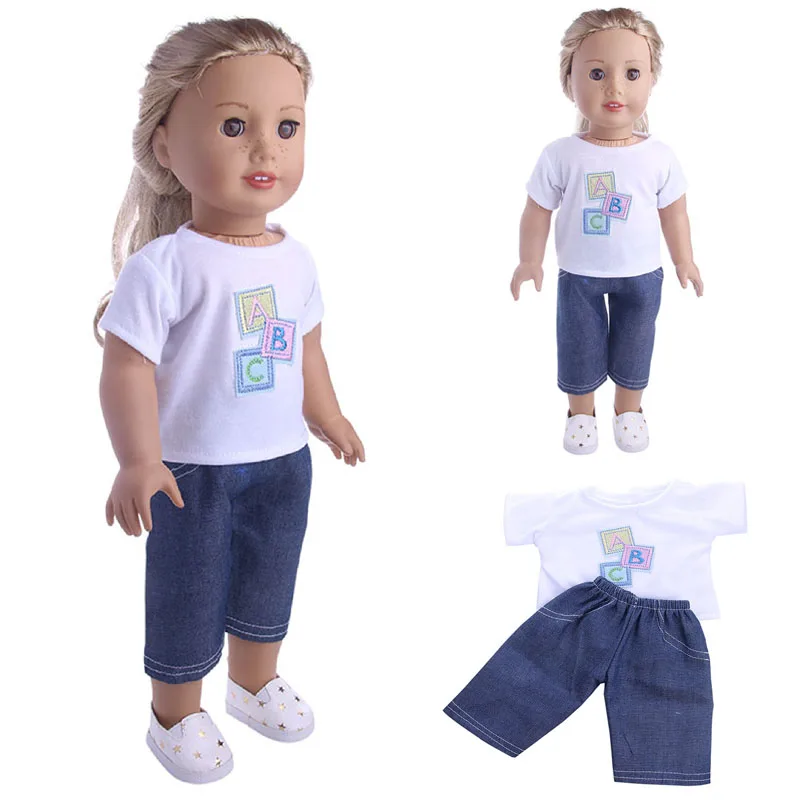 Белая футболка с буквенным принтом ABC + джинсы Одежда для куклы и аксессуары 4