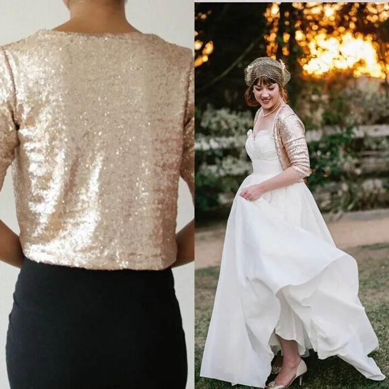 Свадебные куртки цвета шампанского золотистого блестящая накидка-болеро для