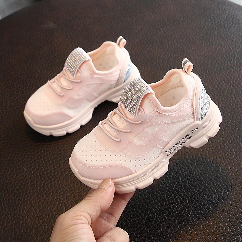 Розовый Girls' rhinestone Sports Shoes New Fashion Children's Mesh Air-permeable Leisure Boys' Shoes 1-4 Years Old - Цвет: Розовый