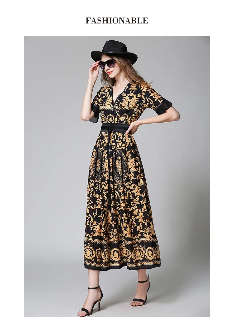 Пойти купить европейский в 2017 новый продукт v-образным вырезом печати long dress with