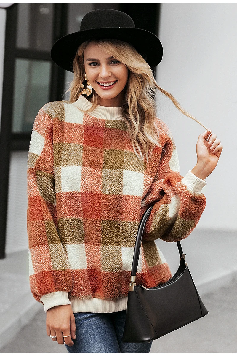 Simplee Casual lambswool plaid women hoodies sweatshirts O neck pullover loose female sweatshirt Autumn winter ladies warm coat