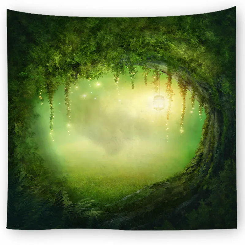 Large Size Wall Tapestry Fantasy Forest Fairy Tale World Wall Hanging Art Carpet Blanket Yoga Mat Decoration Green Tapestry