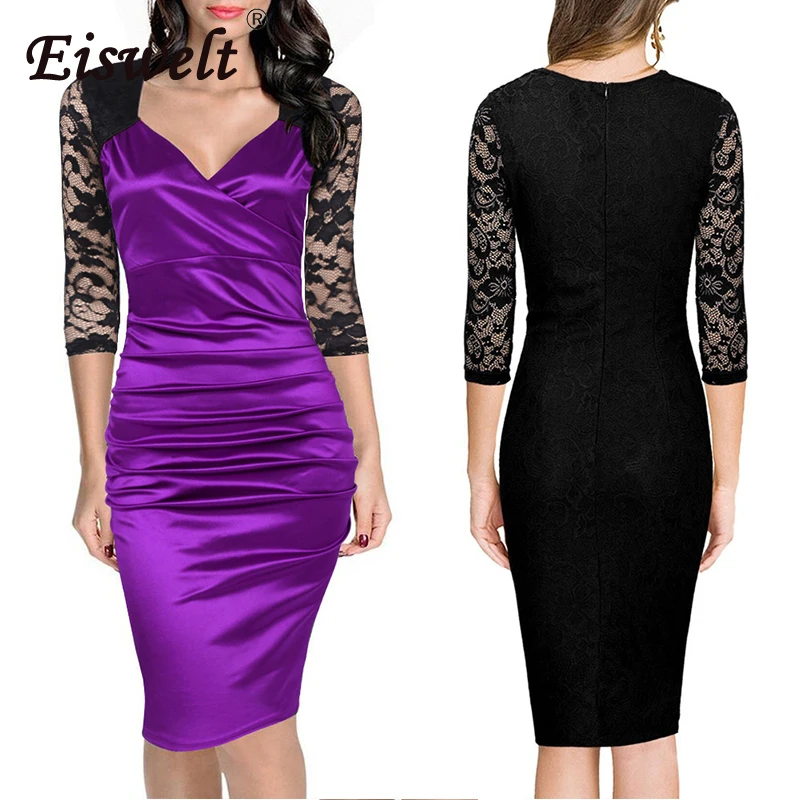 EISWELT Summer Dress Women New Robe Femme Sexy Sheer Lace Pencil Patchwork Knee Length Bodycon Evening Party Black | Женская одежда
