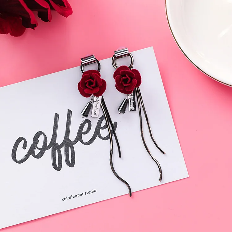 

2017 Attractive Vintage Rose Flower Dangle Earrings For Women Simple Alloy Chain Tassel Earrings Pendientes Mujer Moda