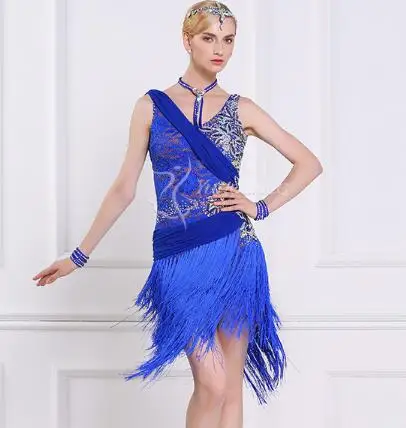 Стразы голубая бахрома индивидуальный заказ вырез на спине Румба ча Сальса Танго