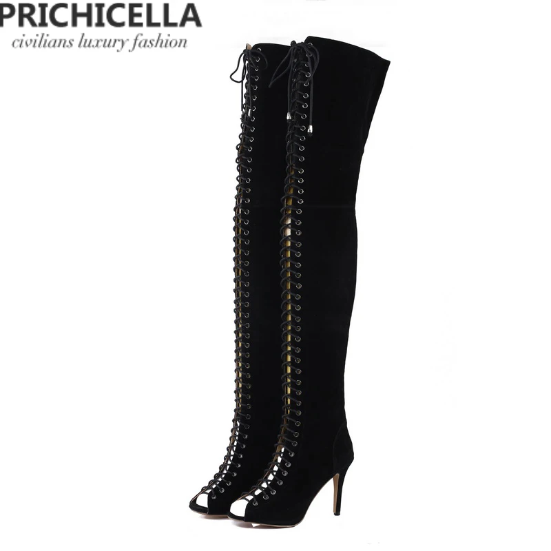 PRICHICELLA/пикантные женские сапоги-гладиаторы с открытым носком на высоком каблуке со шнуровкой; цвет красный, черный, коричневый; высокие сапоги до бедра; size35-42