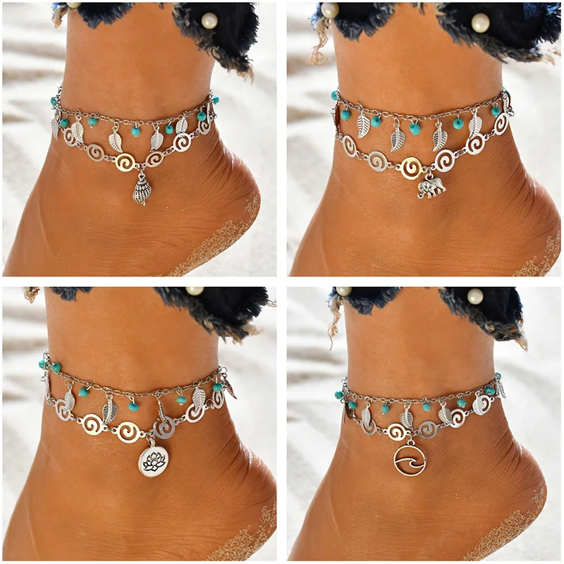 Винтажный Браслет на ногу для женщин из бусин Howlite, многослойный пляжный браслет в виде черепахи, волнистой раковины, цепочка в виде лотоса, браслет на ногу, ювелирное изделие