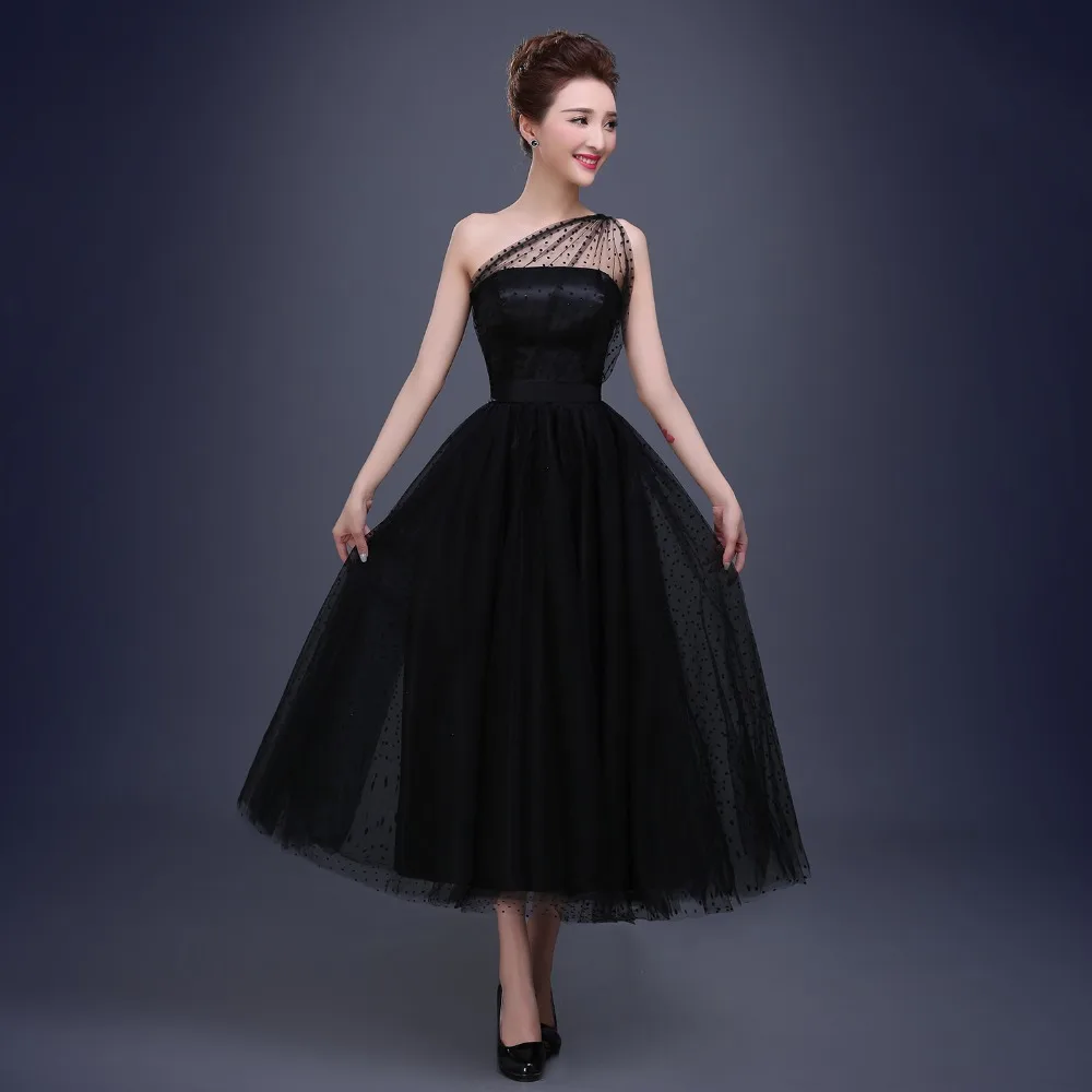 

Best Selling Black Prom Dresses One Shoulder Pleats Polka Dot Tulle Tea Length Party Evening Gowns Short Vestido De Festa