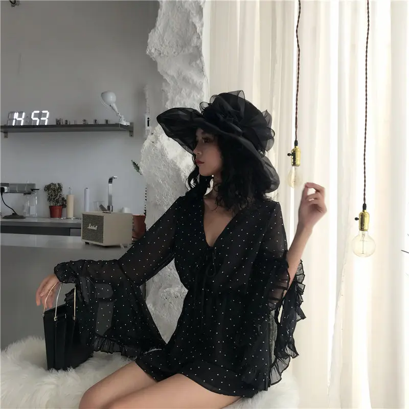 Alien Kitty/летнее в горошек с расклешенными рукавами модный v образным вырезом